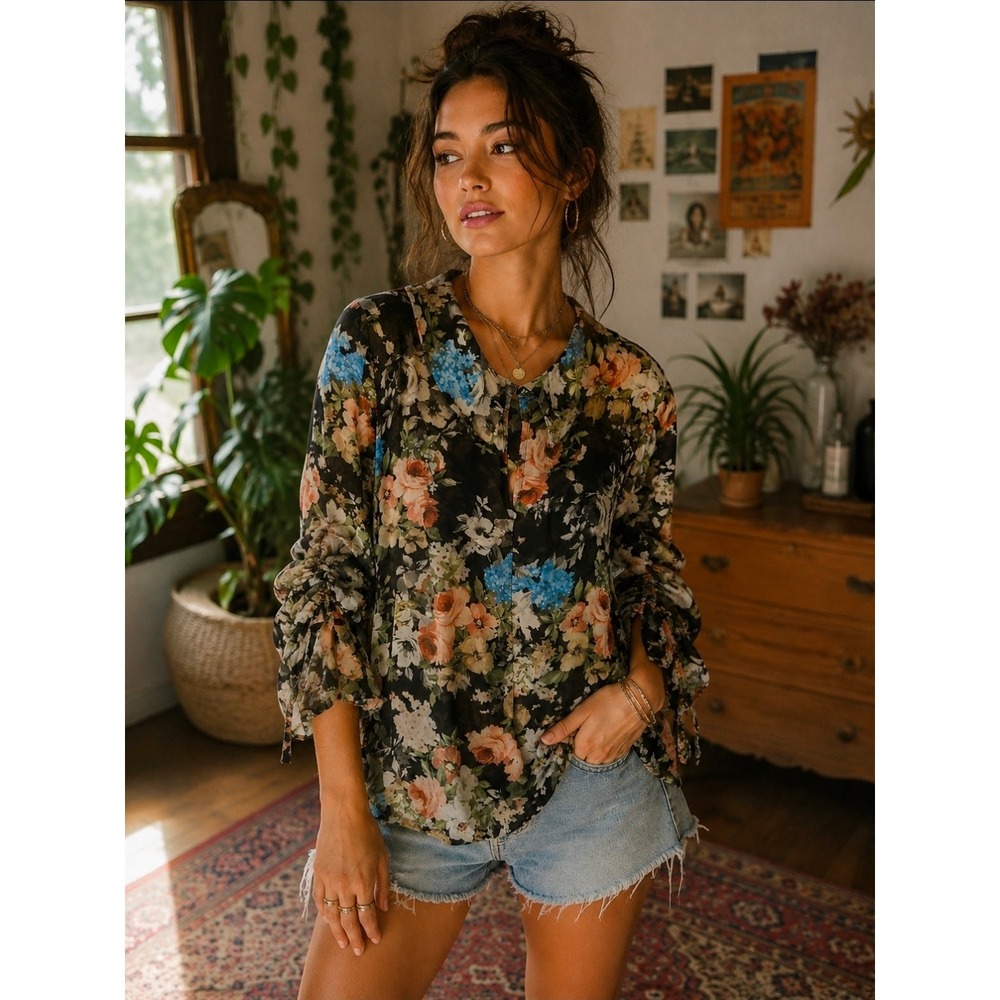 Black Dark Floral Chiffon Blouse 3X Dark Romantic Ruched Sleeve Keyhole Top